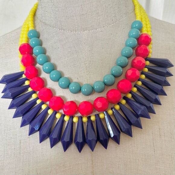 Yellow beaded red and green and blue statement necklace - Picture 1 of 7
